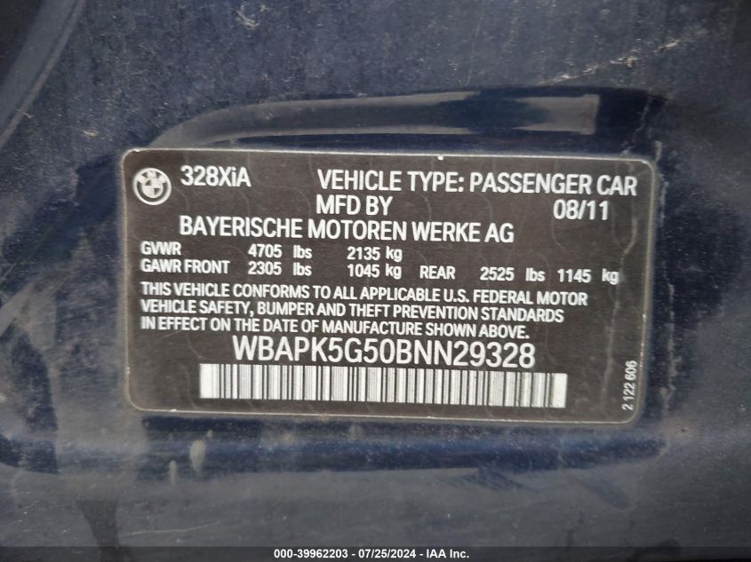 2011 BMW 328I xDrive VIN: WBAPK5G50BNN29328 Lot: 39962203