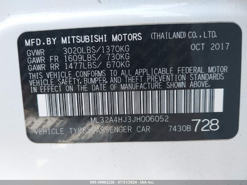 2018 Mitsubishi Mirage Se VIN: ML32A4HJ3JH006052 Lot: 39962226