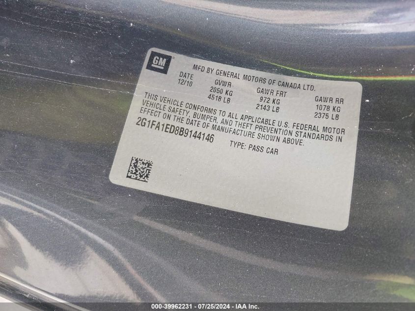 2011 Chevrolet Camaro Ls VIN: 2G1FA1ED8B9144146 Lot: 39962231