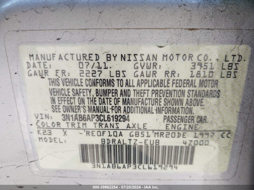 2012 Nissan Sentra 2.0 Sr VIN: 3N1AB6AP3CL619294 Lot: 39962254