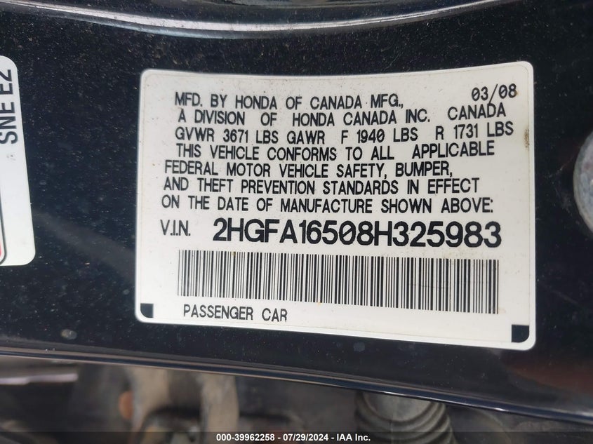 2008 Honda Civic Sdn Lx VIN: 2HGFA16508H325983 Lot: 39962258