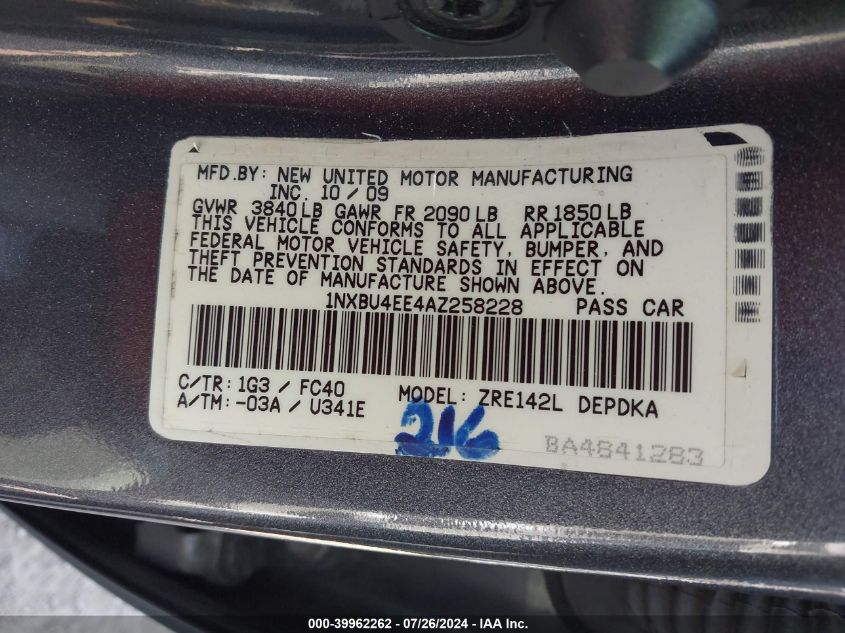 2010 Toyota Corolla Le VIN: 1NXBU4EE4AZ258228 Lot: 39962262