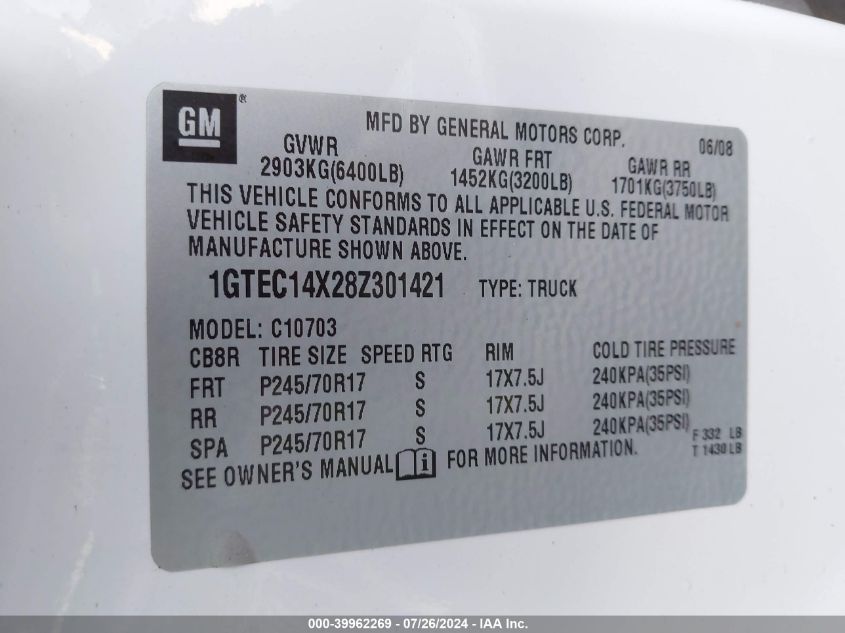 2008 GMC Sierra C1500 VIN: 1GTEC14X28Z301421 Lot: 39962269