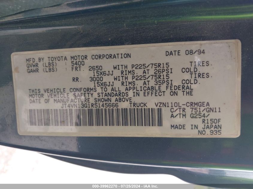 1994 Toyota Pickup 1/2 Ton Ex Long Whlbs Sr5 VIN: JT4VN13G1R5145666 Lot: 39962270