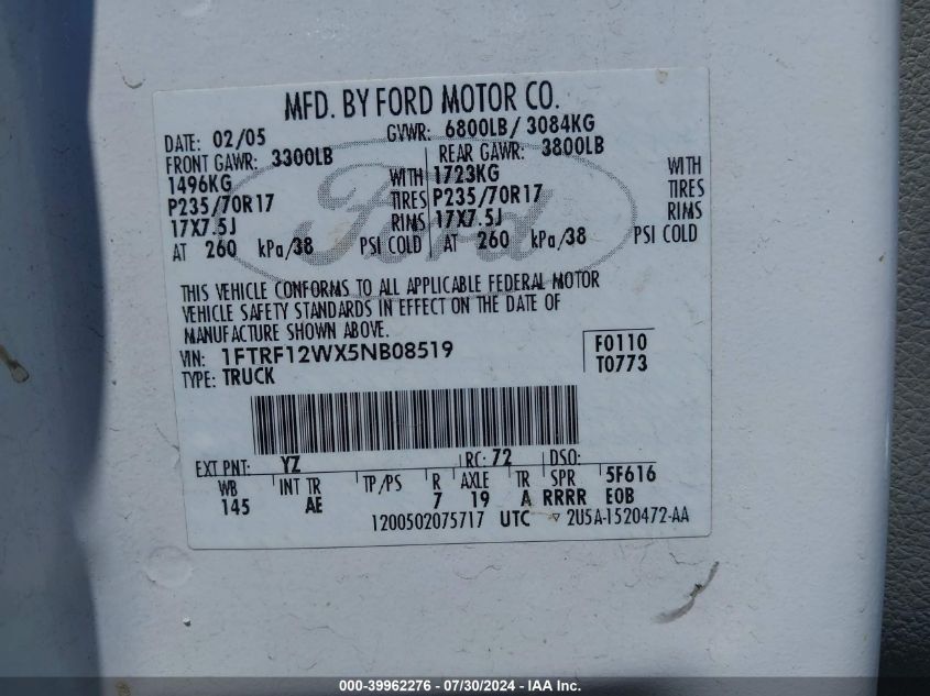 2005 Ford F-150 Stx/Xl/Xlt VIN: 1FTRF12WX5NB08519 Lot: 39962276