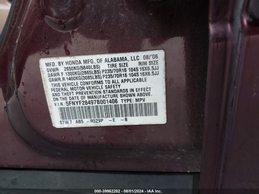2007 Honda Pilot Ex VIN: 5FNYF28497B001406 Lot: 39962282