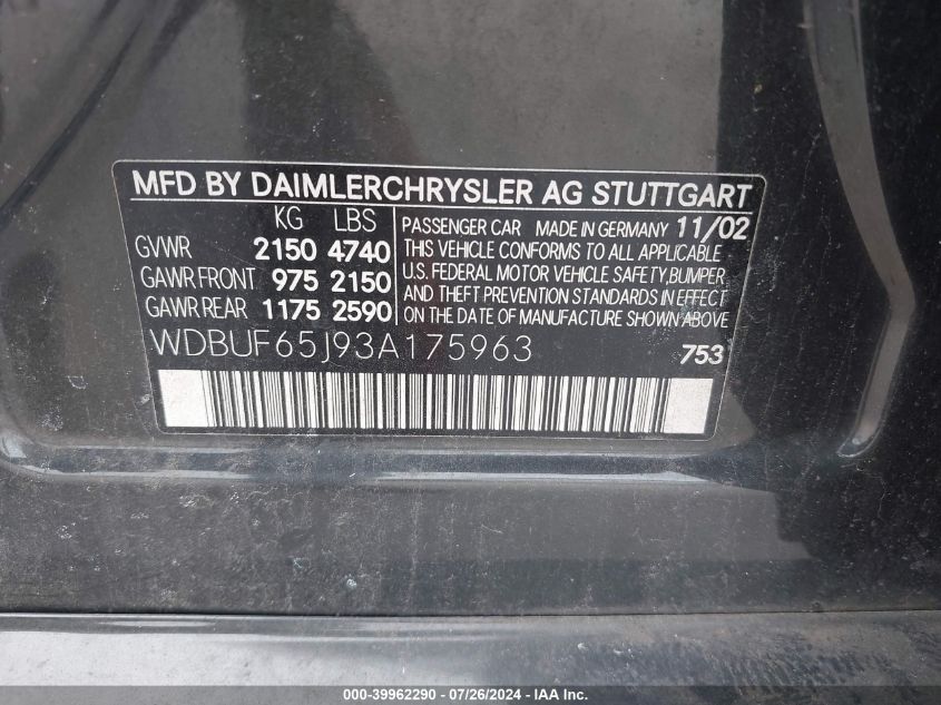 WDBUF65J93A175963 2003 Mercedes-Benz E 320