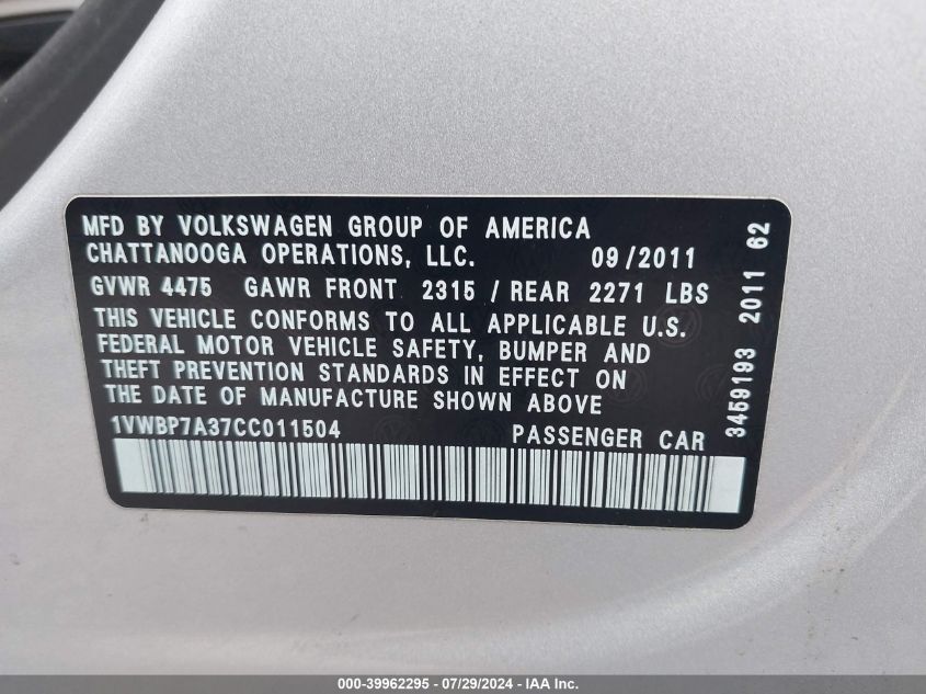 2012 Volkswagen Passat 2.5L Se VIN: 1VWBP7A37CC011504 Lot: 39962295