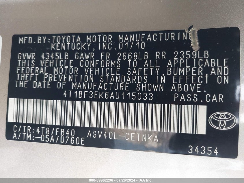 2010 Toyota Camry Se/Le/Xle VIN: 4T1BF3EK6AU115033 Lot: 39962296