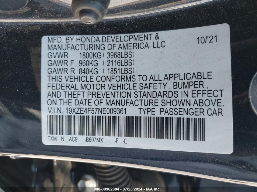 2022 Honda Insight Ex VIN: 19XZE4F57NE009361 Lot: 39962304