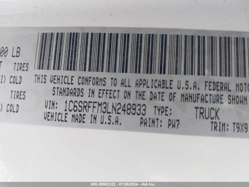 2020 Ram 1500 Big Horn 4X4 5'7 Box VIN: 1C6SRFFM3LN248933 Lot: 39962322