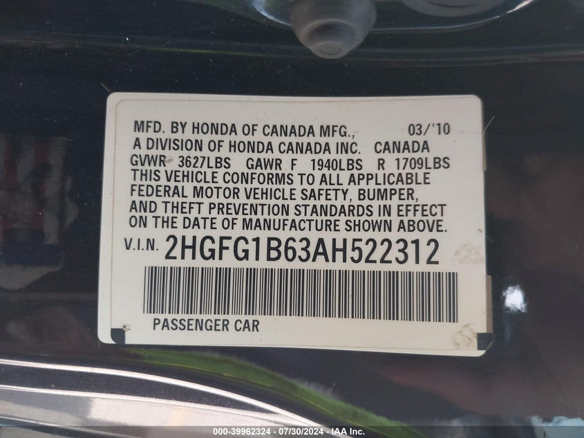 2010 Honda Civic Lx VIN: 2HGFG1B63AH522312 Lot: 39962324