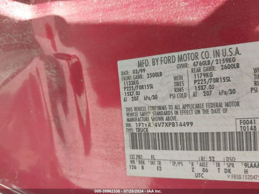1999 Ford Ranger Super Cab VIN: 1FTYR14V7XPB14499 Lot: 39962330