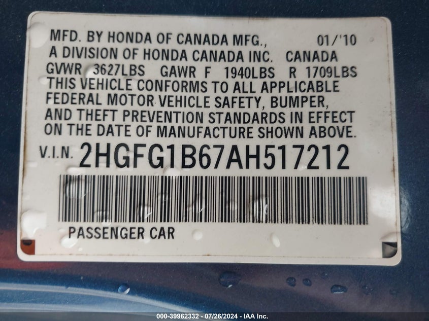 2010 Honda Civic Lx VIN: 2HGFG1B67AH517212 Lot: 39962332