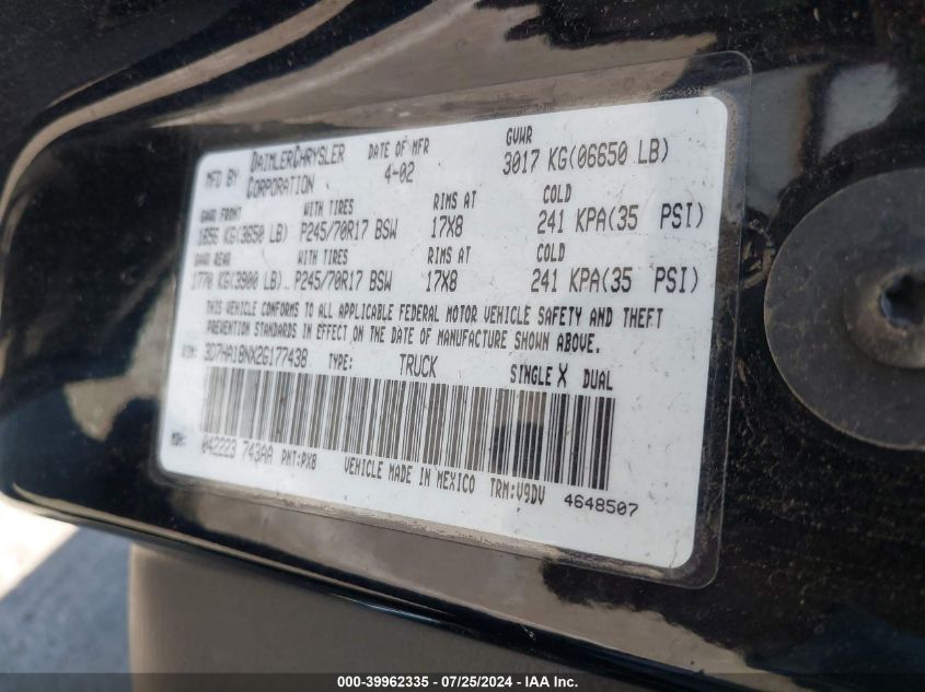 2002 Dodge Ram 1500 Slt/St VIN: 3D7HA18NX2G177438 Lot: 39962335