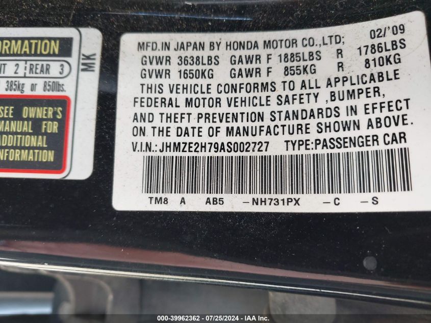 2010 Honda Insight Ex VIN: JHMZE2H79AS002727 Lot: 39962362