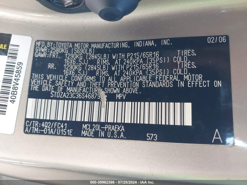 2006 Toyota Sienna Ce/Le VIN: 5TDZA23C36S468798 Lot: 39962366