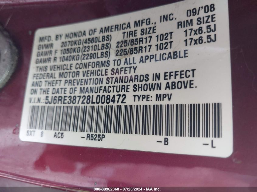 2008 Honda Cr-V Ex-L VIN: 5J6RE38728L008472 Lot: 39962368