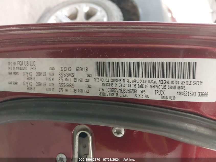 2018 Ram 1500 Laramie VIN: 1C6RR7VM9JS258290 Lot: 39962370