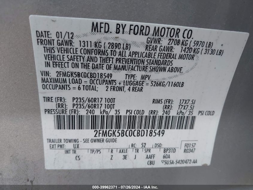 2012 Ford Flex Se VIN: 2FMGK5BC0CBD18549 Lot: 39962371