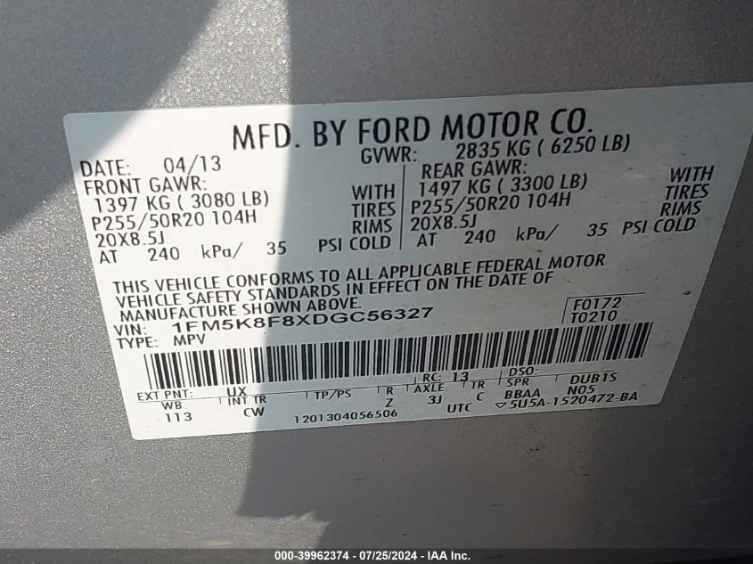 2013 Ford Explorer Limited VIN: 1FM5K8F8XDGC56327 Lot: 39962374