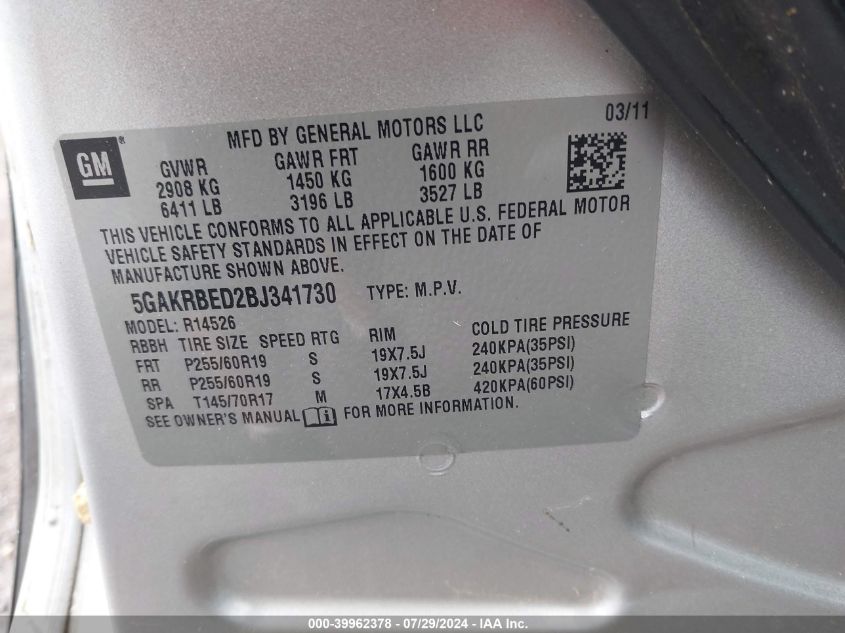 2011 Buick Enclave 1Xl VIN: 5GAKRBED2BJ341730 Lot: 39962378