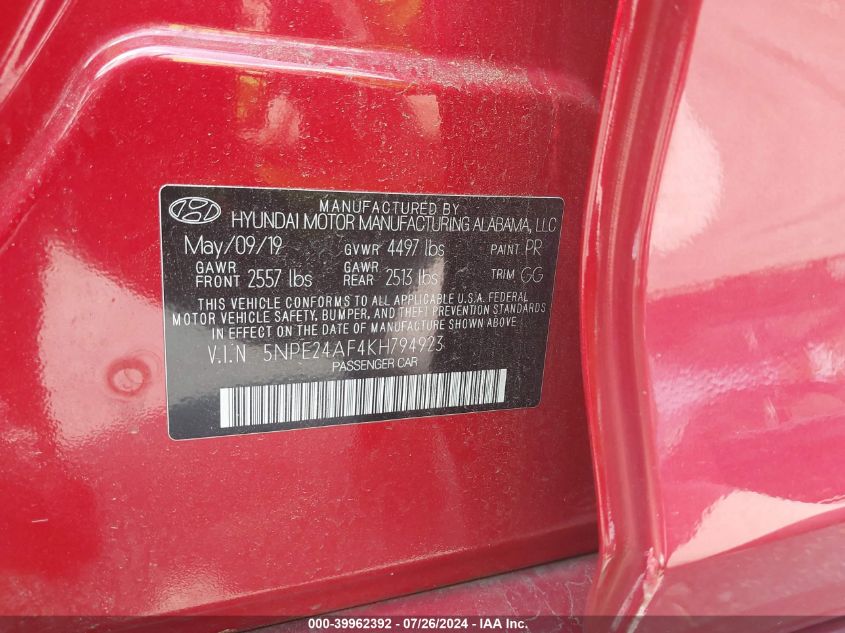 5NPE24AF4KH794923 2019 Hyundai Sonata Se