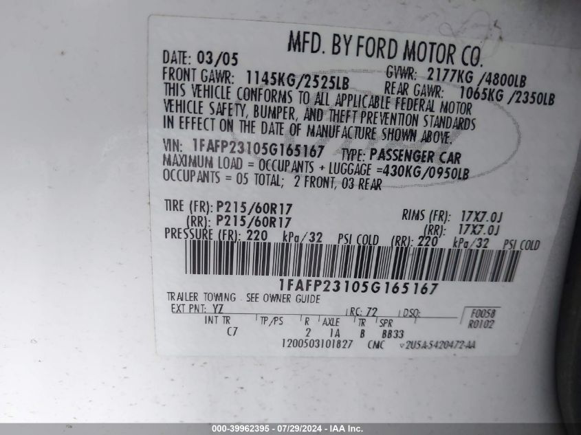 2005 Ford Five Hundred Se VIN: 1FAFP23105G165167 Lot: 39962395