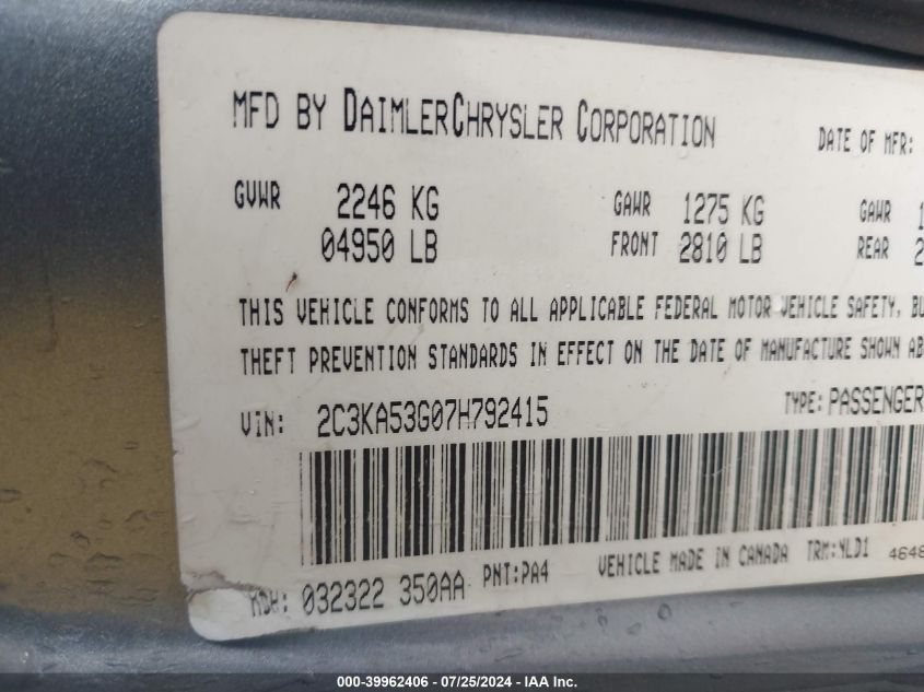 2007 Chrysler 300 Touring VIN: 2C3KA53G07H792415 Lot: 39962406