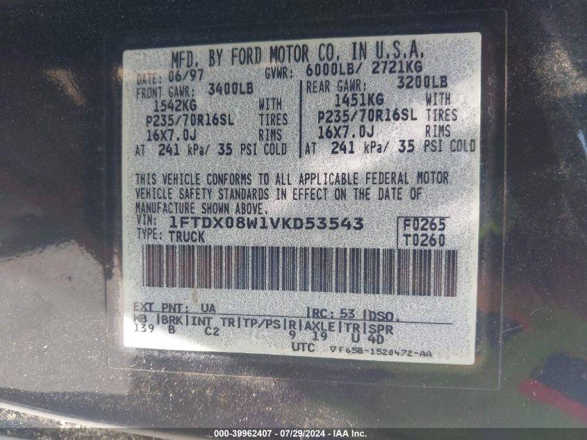 1997 Ford F-150 Lariat/Xl/Xlt VIN: 1FTDX08W1VKD53543 Lot: 39962407