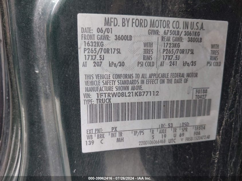 2001 Ford F-150 King Ranch Edition/Lariat/Xlt VIN: 1FTRW08L21KB77112 Lot: 39962416