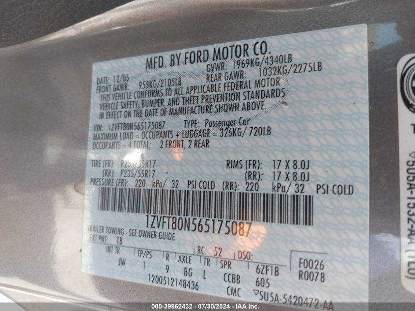 2006 Ford Mustang VIN: 1ZVFT80N565175087 Lot: 39962432