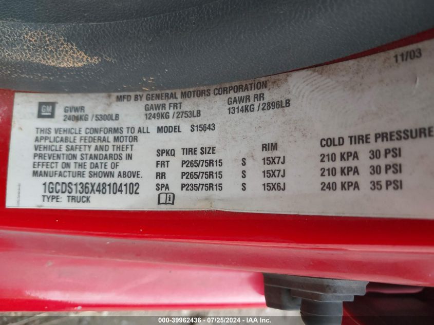 2004 Chevrolet Colorado Ls VIN: 1GCDS136X48104102 Lot: 39962436