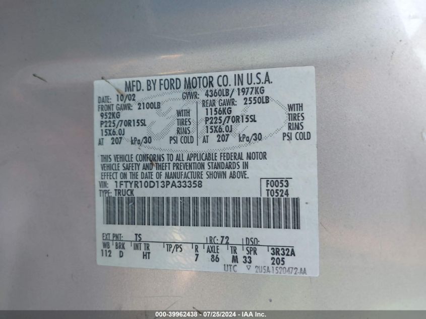 2003 Ford Ranger Xl/Xlt VIN: 1FTYR10D13PA33358 Lot: 39962438