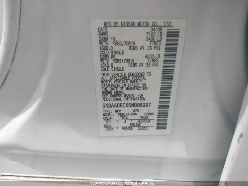 2005 Infiniti Qx56 VIN: 5N3AA08CX5N808997 Lot: 39962439