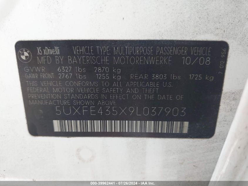 2009 BMW X5 xDrive30I VIN: 5UXFE435X9L037903 Lot: 39962441