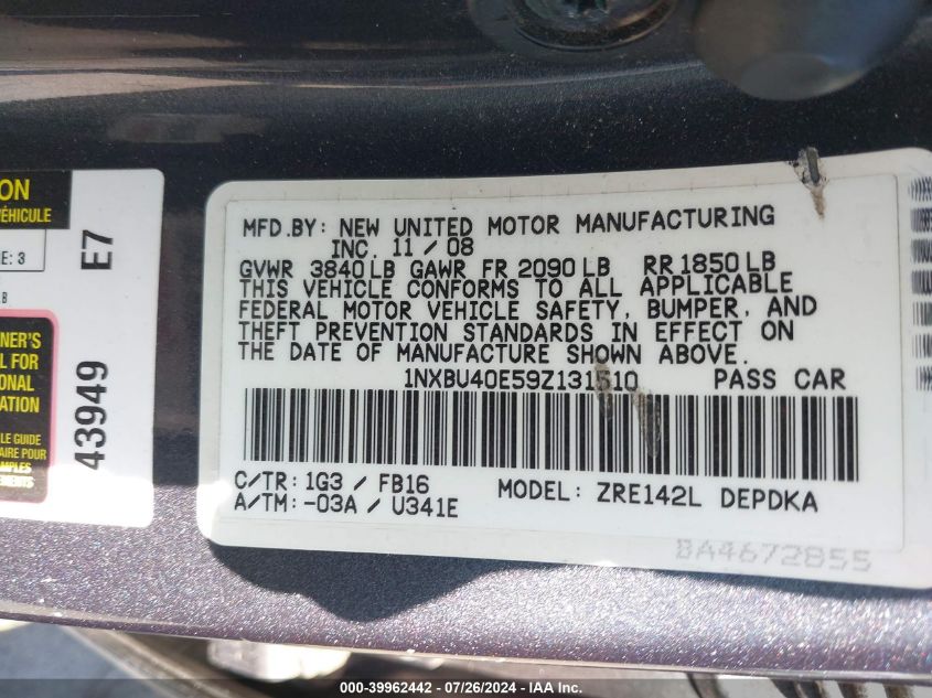 2009 Toyota Corolla Le VIN: 1NXBU40E59Z131510 Lot: 39962442