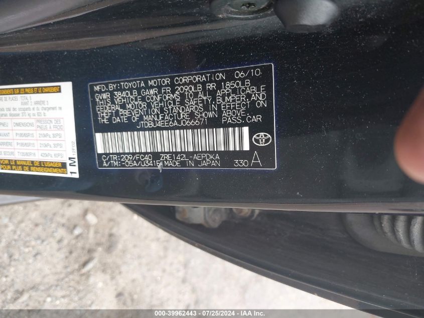 2010 Toyota Corolla Le VIN: JTDBU4EE6AJ066671 Lot: 39962443