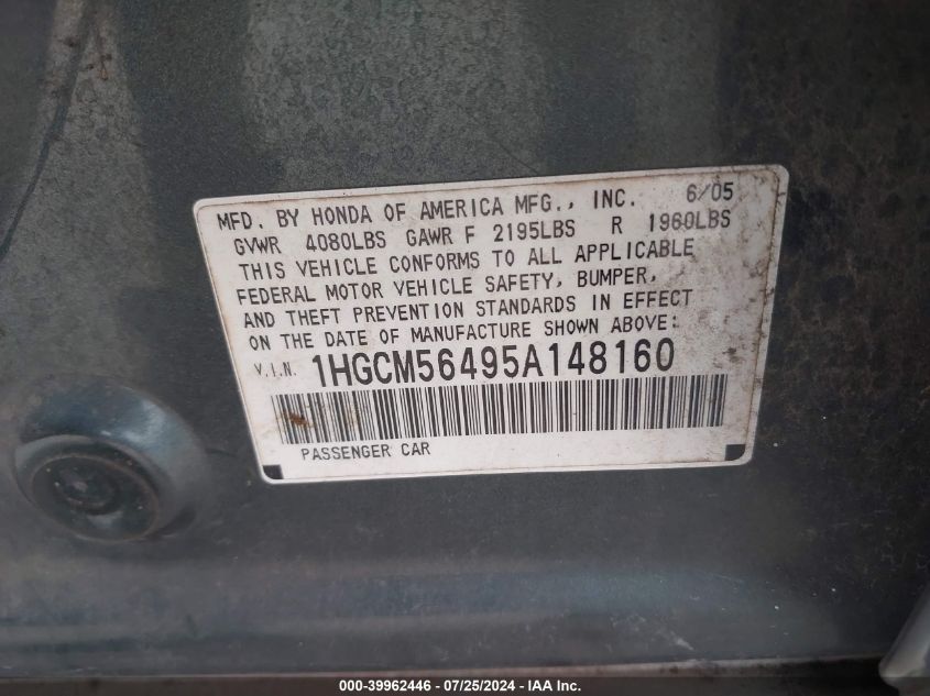 2005 Honda Accord Lx VIN: 1HGCM56495A148160 Lot: 39962446