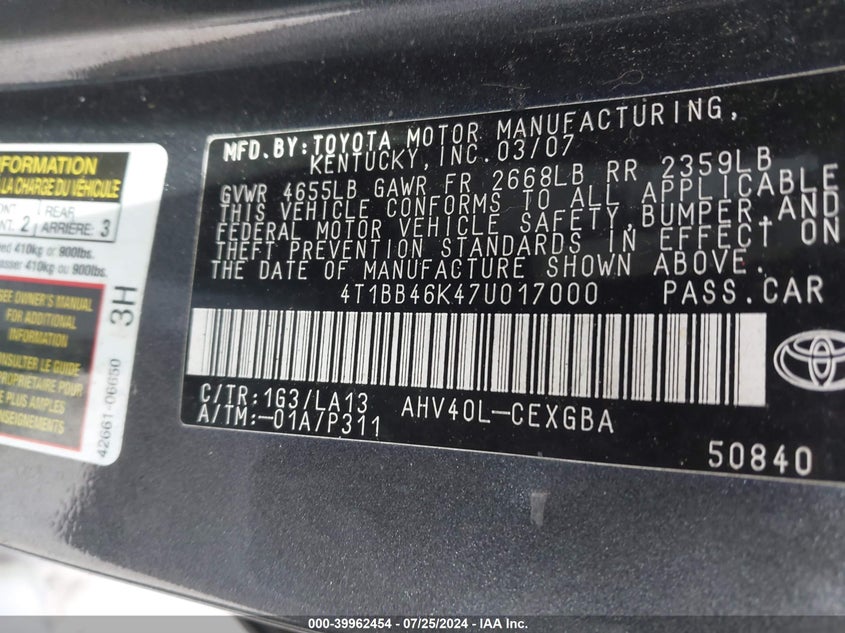 2007 Toyota Camry Hybrid VIN: 4T1BB46K47U017000 Lot: 39962454