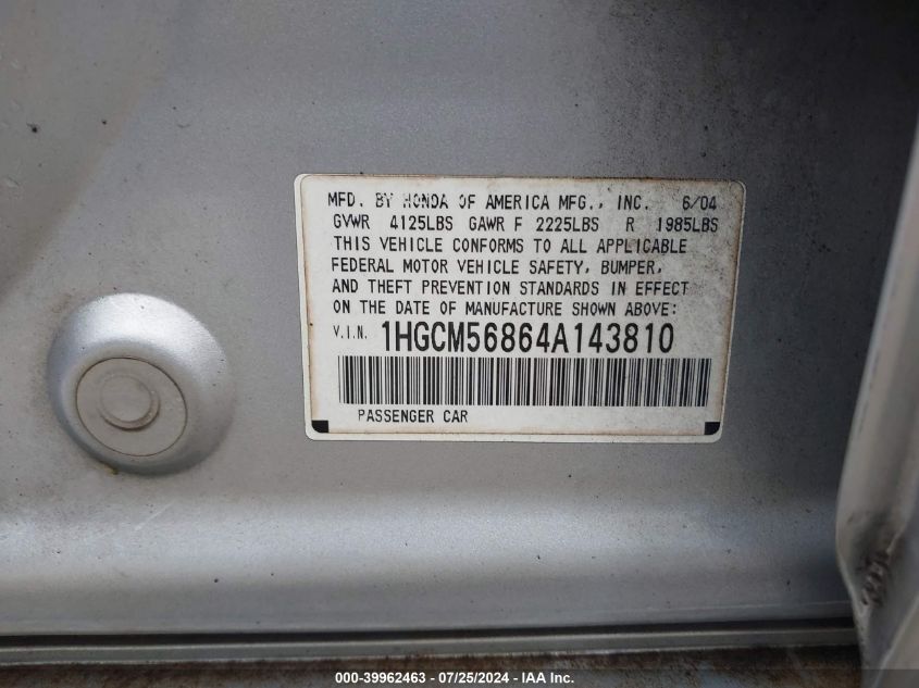 2004 Honda Accord 2.4 Ex VIN: 1HGCM56864A143810 Lot: 39962463