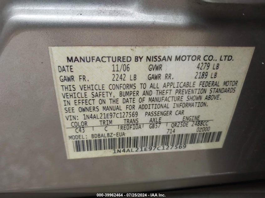 2007 Nissan Altima 2.5 S VIN: 1N4AL21E97C127569 Lot: 39962464