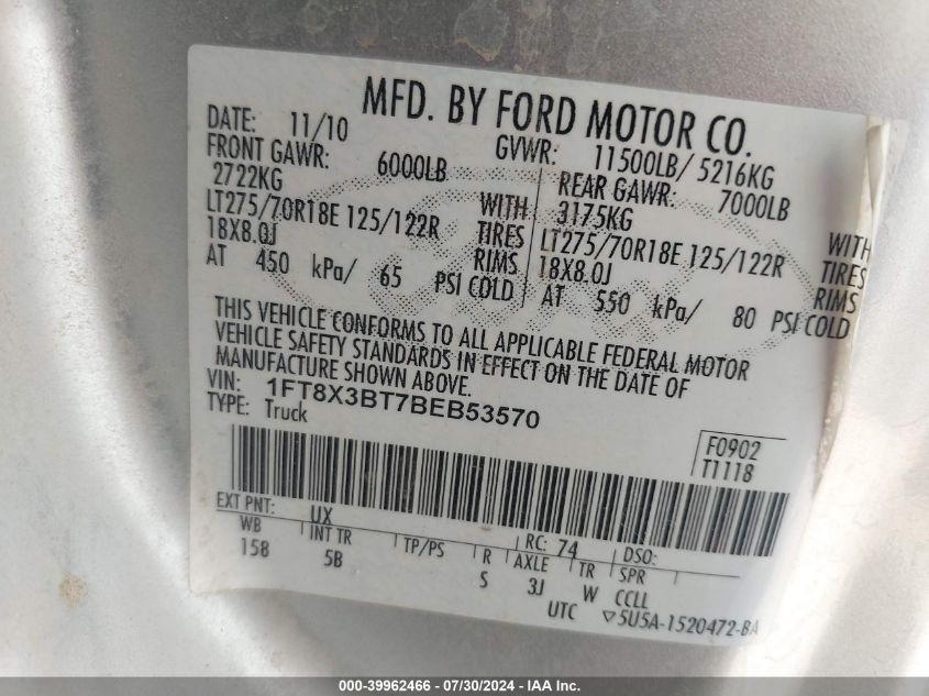2011 Ford F-350 Lariat VIN: 1FT8X3BT7BEB53570 Lot: 39962466