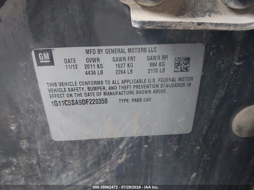 2013 CHEVROLET MALIBU 1LT - 1G11C5SA9DF220358