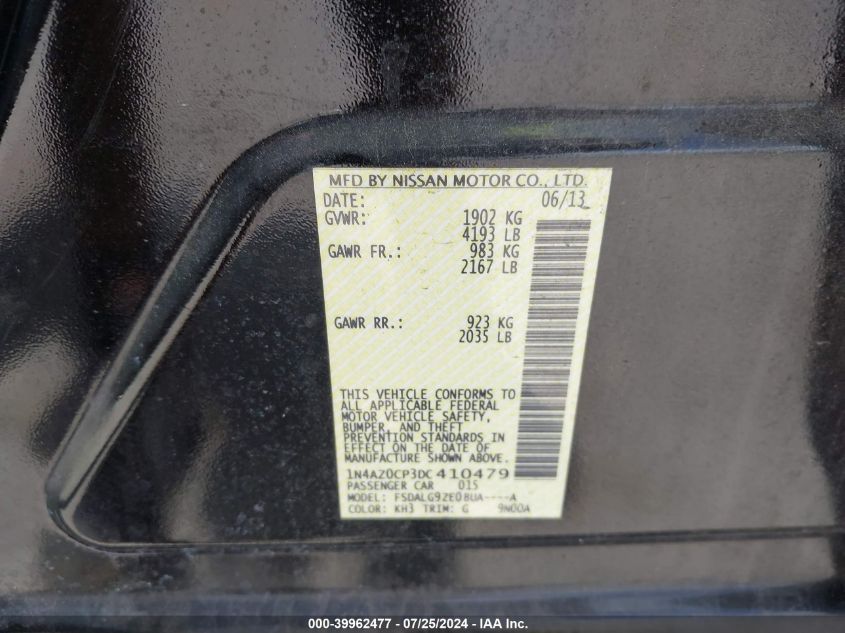 2013 Nissan Leaf Sl VIN: 1N4AZ0CP3DC410479 Lot: 39962477