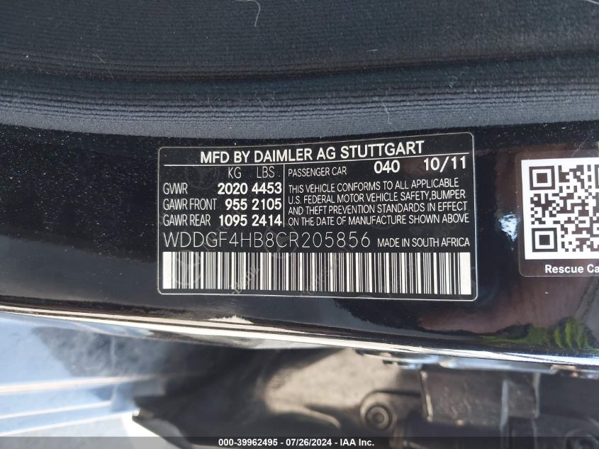 2012 Mercedes-Benz C 250 Luxury/Sport VIN: WDDGF4HB8CR205856 Lot: 39962495