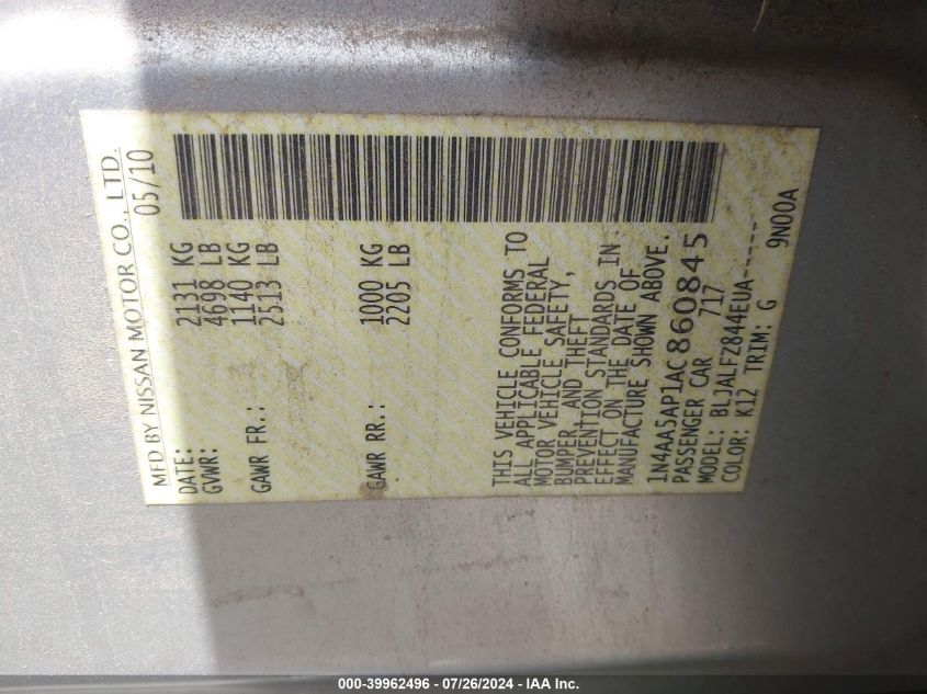 2010 Nissan Maxima 3.5 Sv VIN: 1N4AA5AP1AC860845 Lot: 39962496