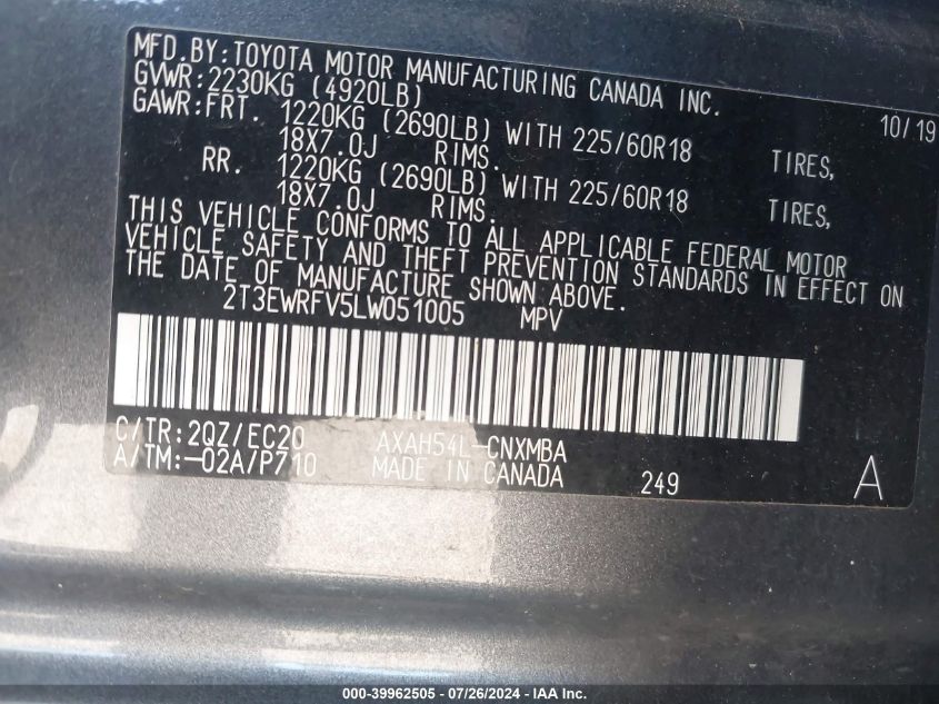 2020 Toyota Rav4 Hybrid Xse VIN: 2T3EWRFV5LW051005 Lot: 39962505