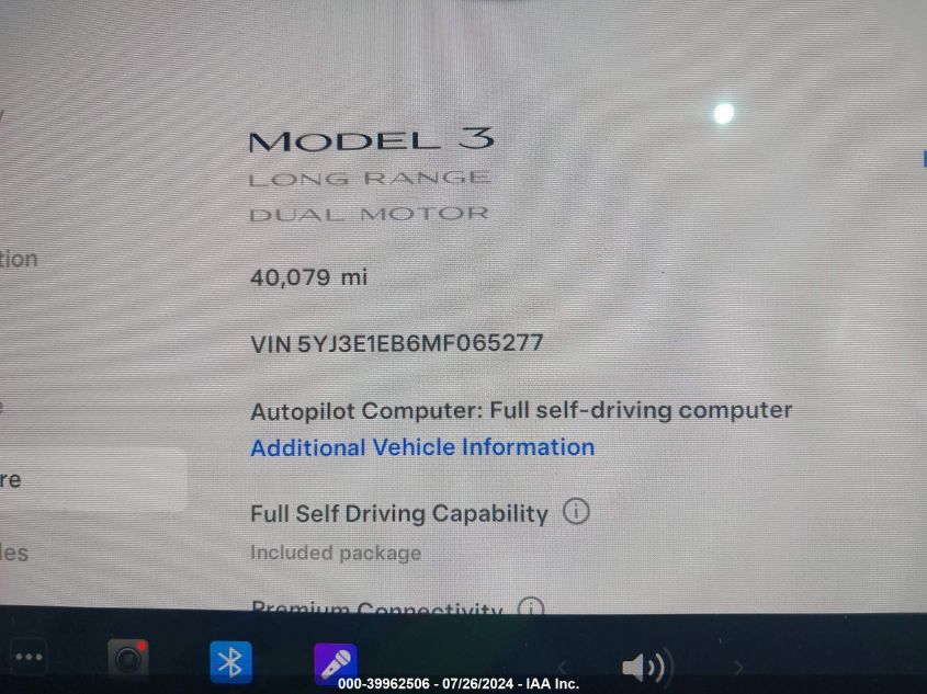 2021 Tesla Model 3 Long Range Dual Motor All-Wheel Drive VIN: 5YJ3E1EB6MF065277 Lot: 39962506