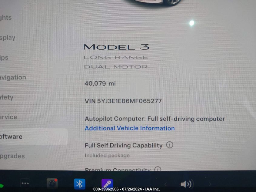 2021 Tesla Model 3 Long Range Dual Motor All-Wheel Drive VIN: 5YJ3E1EB6MF065277 Lot: 39962506